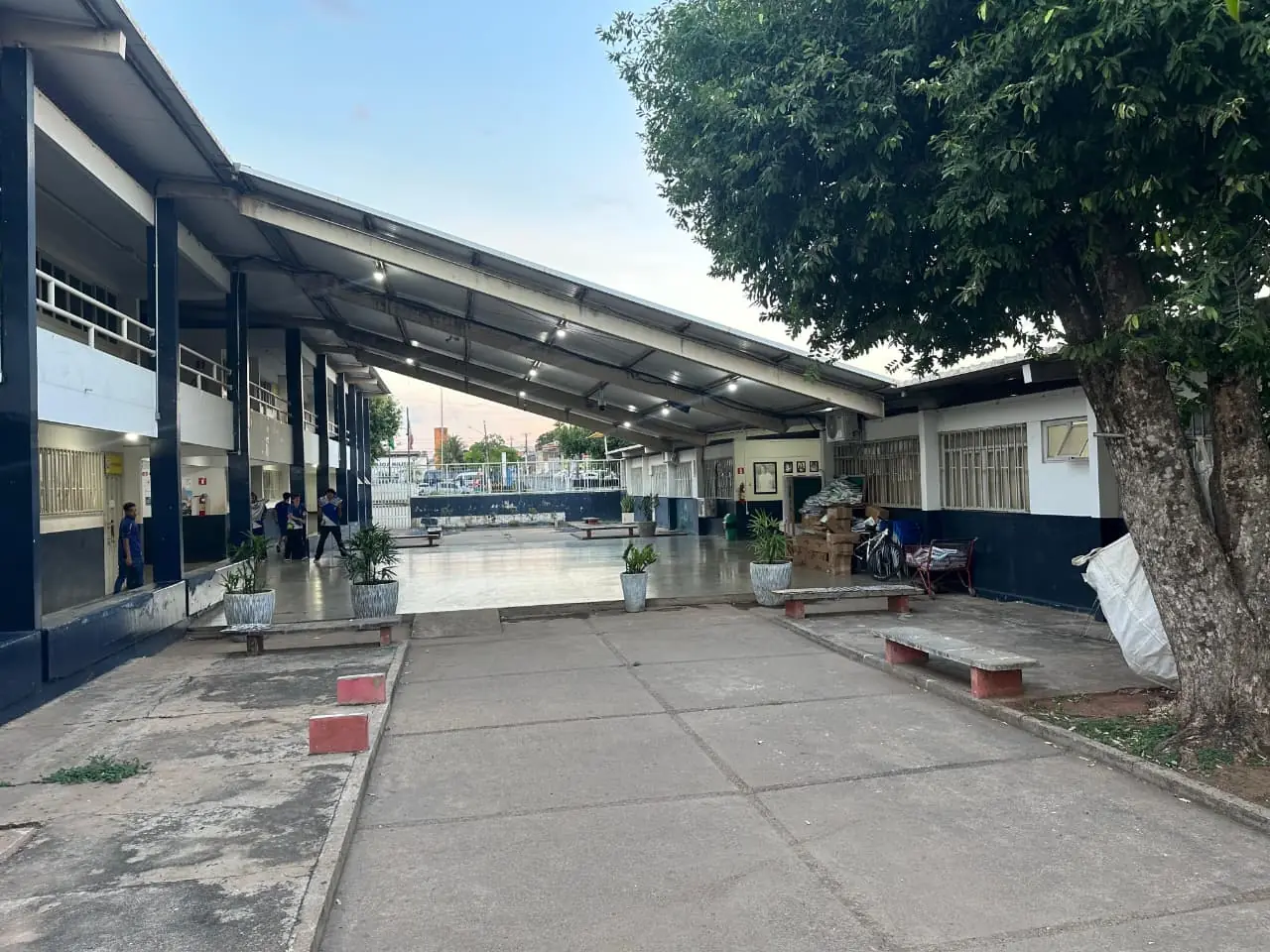 Alunos no pátio e na área externa da escola